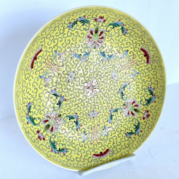 1949-1966 China Famille Juane Yellow Floral Enamel Jingdezhen Shallow Bowl 9” - Picture 2 of 7